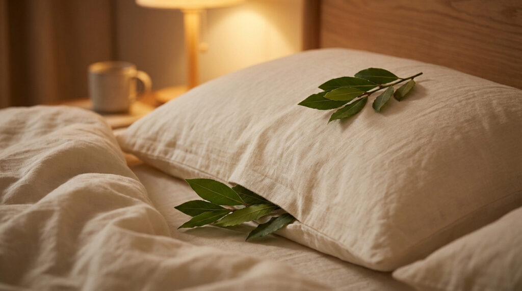 Close-up of a light-colored pillow on a bed with fresh green bay leaves resting on and tucked into it, under warm, soft light.