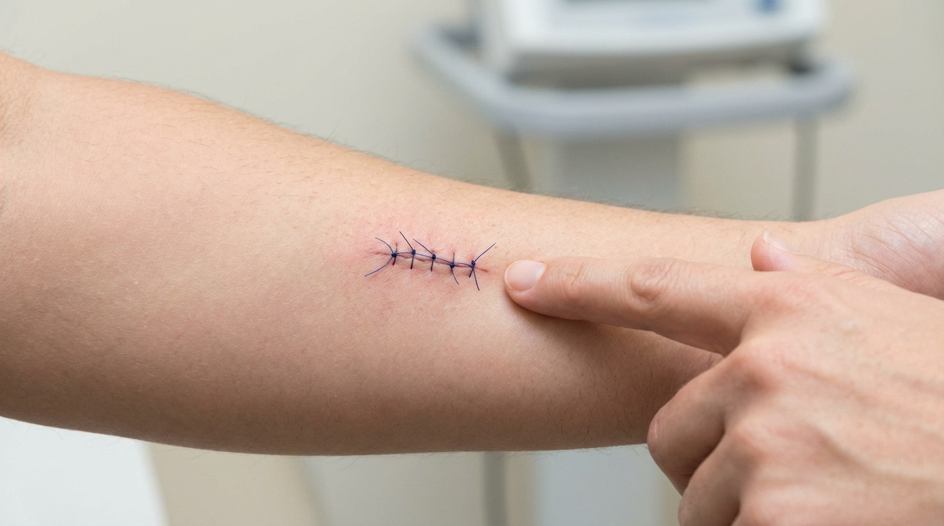 Close-up of a neatly sutured arm with subtle pink inflammation. A finger points to the dark suture threads on clean skin.