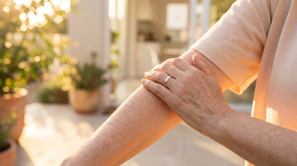 Gros plan sur le bras et la main d'une personne âgée avec des taches pigmentaires, caressant sa peau sous un soleil doux.