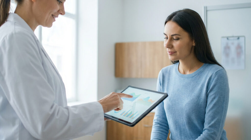 Un médecin montre des résultats médicaux (graphiques) sur une tablette à une patiente attentive lors d'une consultation en cabinet.