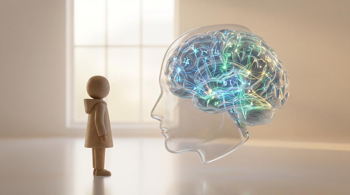 Figure en bois face à une silhouette de tête transparente avec un cerveau lumineux aux connexions brillantes.