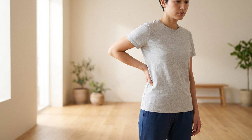 Person in grey t-shirt and blue pants gently touching lower back, contemplative, in bright, minimalist room.