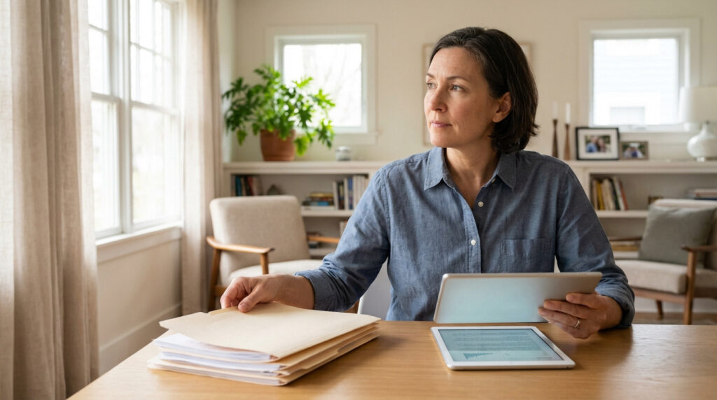 Femme réfléchie devant des dossiers et tablettes, en plein travail ou recherche, dans un environnement domestique lumineux.