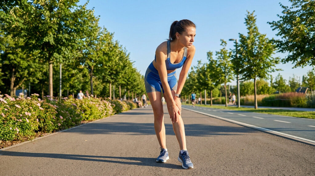 A runner in blue sportswear pauses on a sunny park path, holding her knee with a thoughtful look, highlighting body awareness.