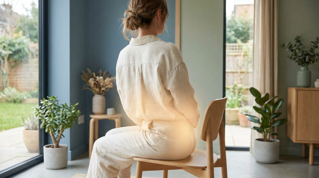 Back view of person sitting calmly, a warm glow on their lower back, in a modern, peaceful room, symbolizing pain relief and healing.