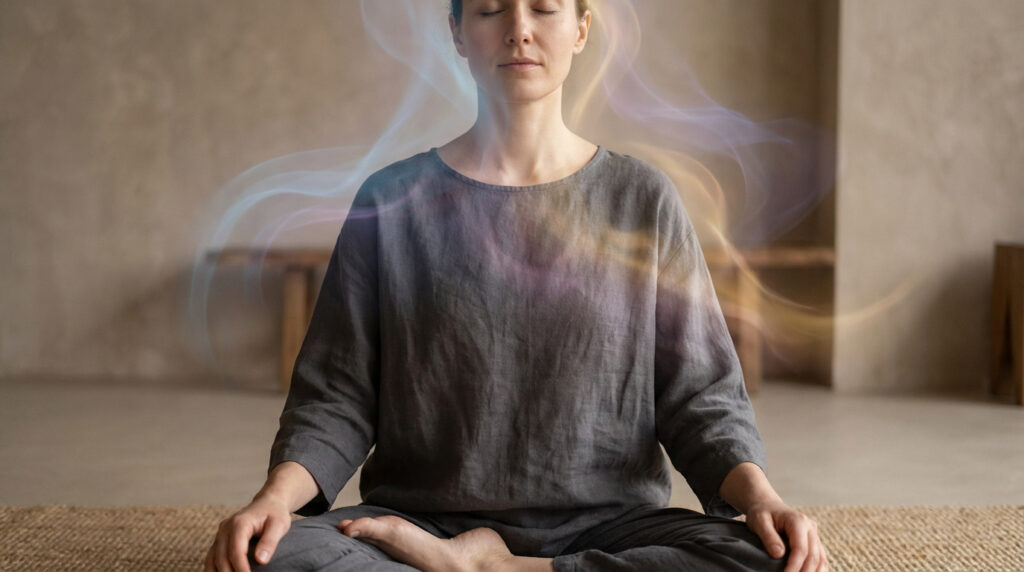 Une personne médite en position du lotus, les yeux fermés, entourée de voiles de lumière colorés. Ambiance calme et spirituelle.