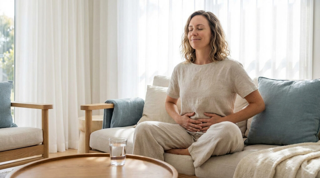 Une femme souriante, mains sur le ventre, médite sur un canapé pour apaiser son inconfort digestif dans un salon lumineux.