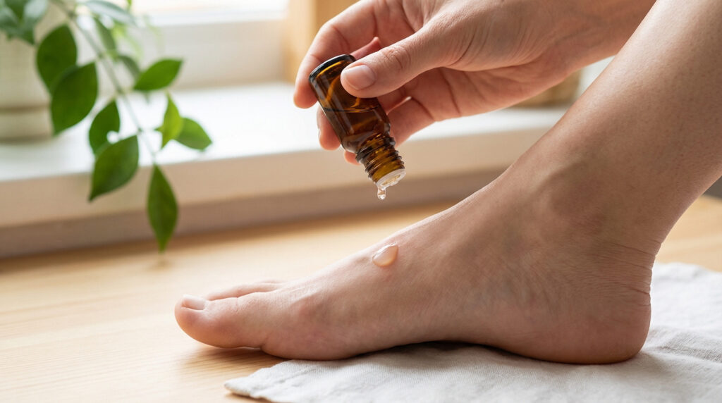 Gros plan sur une main appliquant une goutte d'huile essentielle d'un flacon compte-gouttes sur le dessus d'un pied, peut-être pour une ampoule.