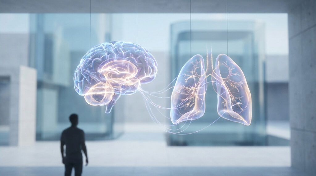 Abstract glowing brain and lungs linked by light, observed by a silhouetted figure in a futuristic lab, symbolizing medical hope.