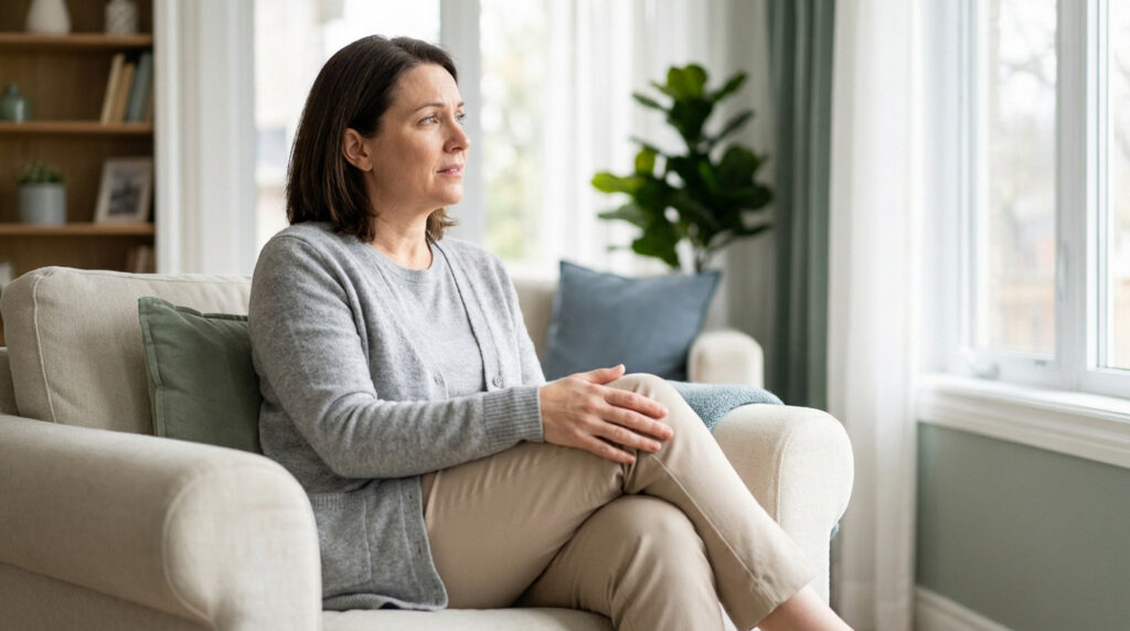 A woman in neutral clothes sits on a sofa, gently touching her knee, with a concerned yet thoughtful expression, contemplating her leg.