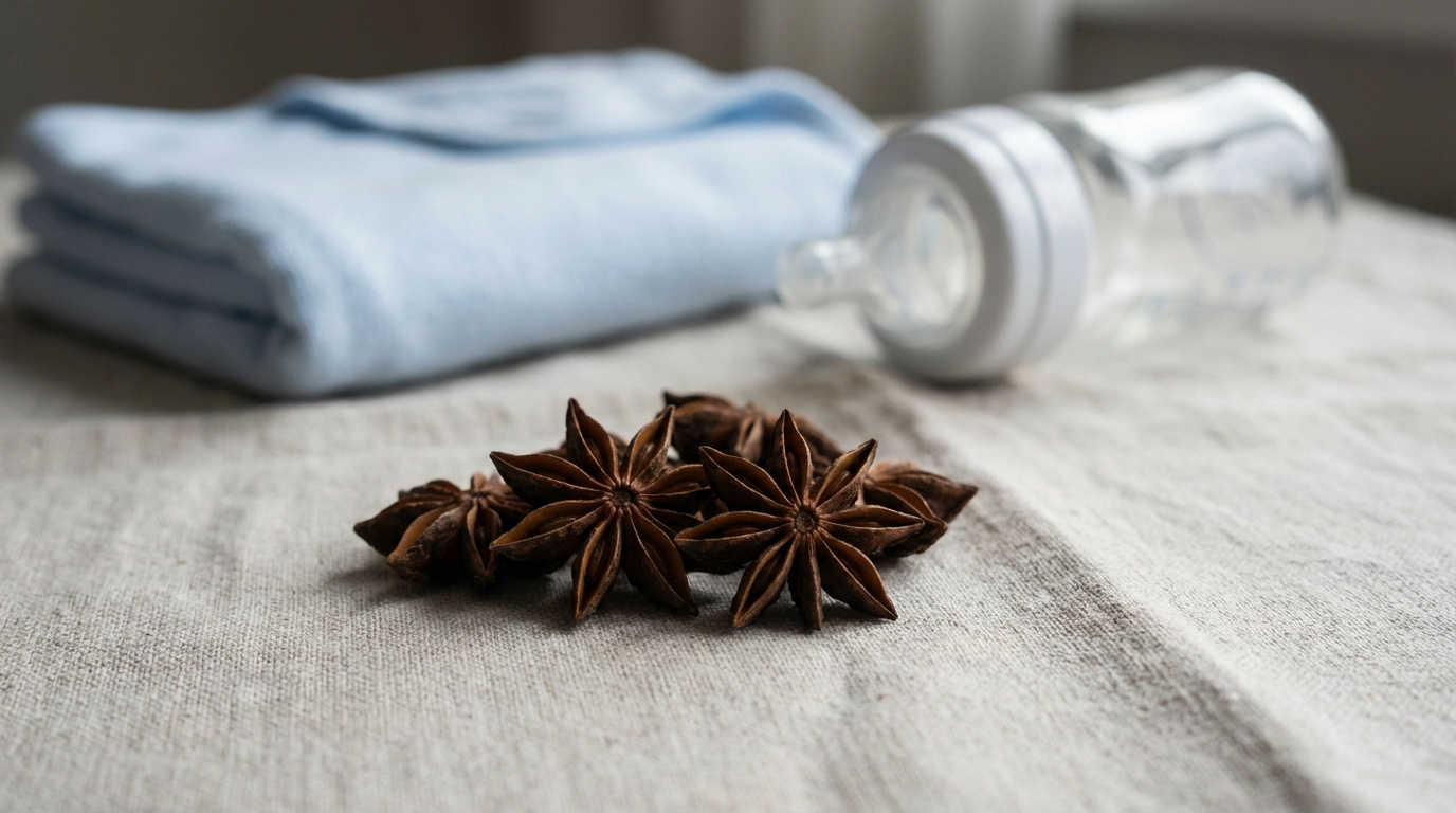 Anis étoilé en gros plan avec biberon et couverture de bébé flous en arrière-plan sur une surface en tissu clair.