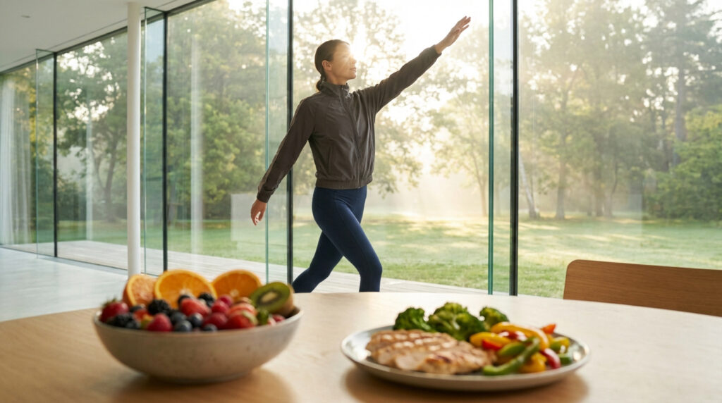 Femme en tenue de sport étirant son bras face à un jardin ensoleillé, avec des fruits et un plat équilibré au premier plan.