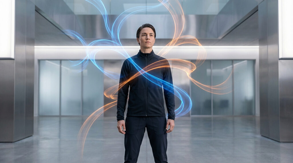 Personne concentrée en tenue de sport noire, entourée de traînées d'énergie lumineuses bleues et oranges, dans un cadre moderne.