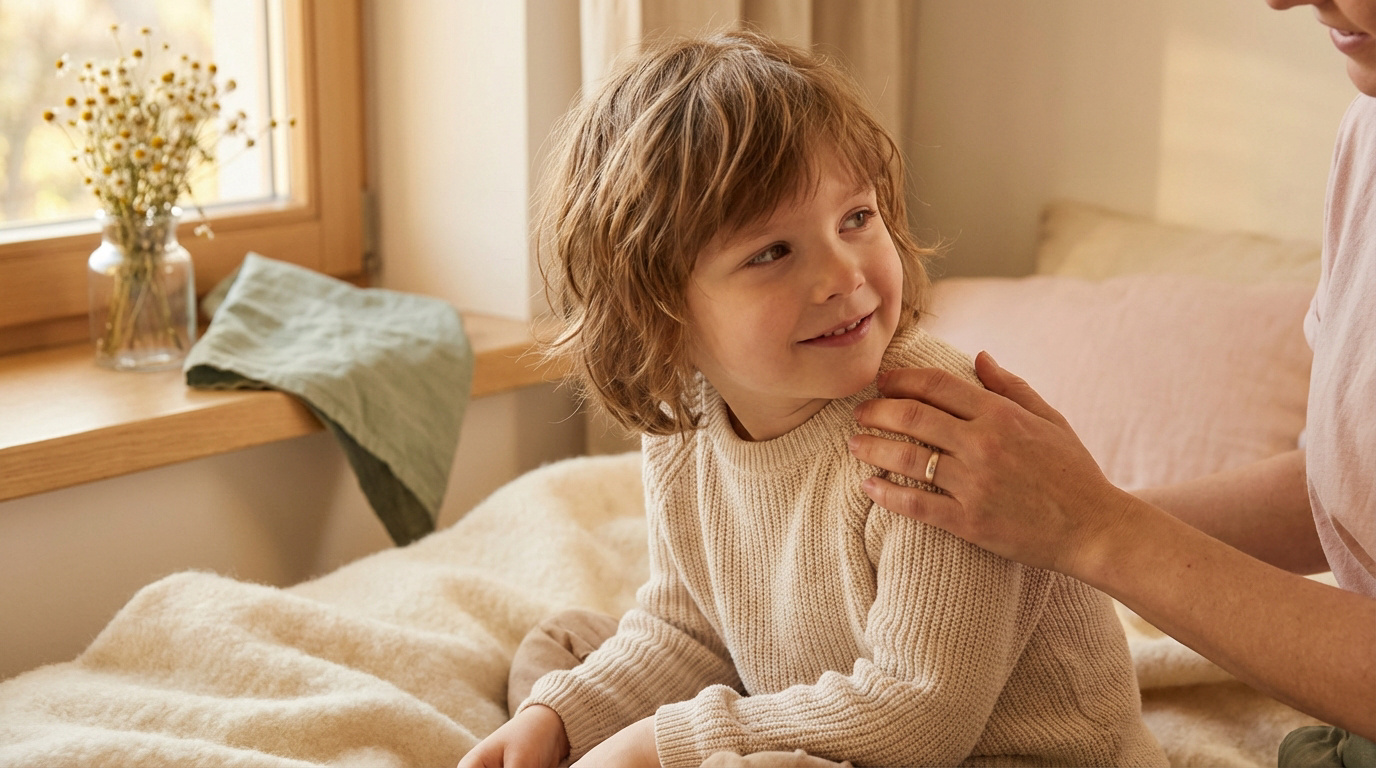 Un enfant aux cheveux blonds souriant, réconforté par une main adulte sur son épaule dans une pièce lumineuse avec des fleurs.
