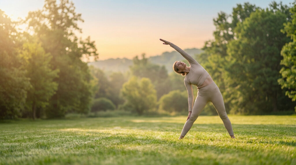 Femme en tenue de sport beige s'étirant latéralement dans une prairie verte. Soleil éclatant à gauche, arbres en arrière-plan.