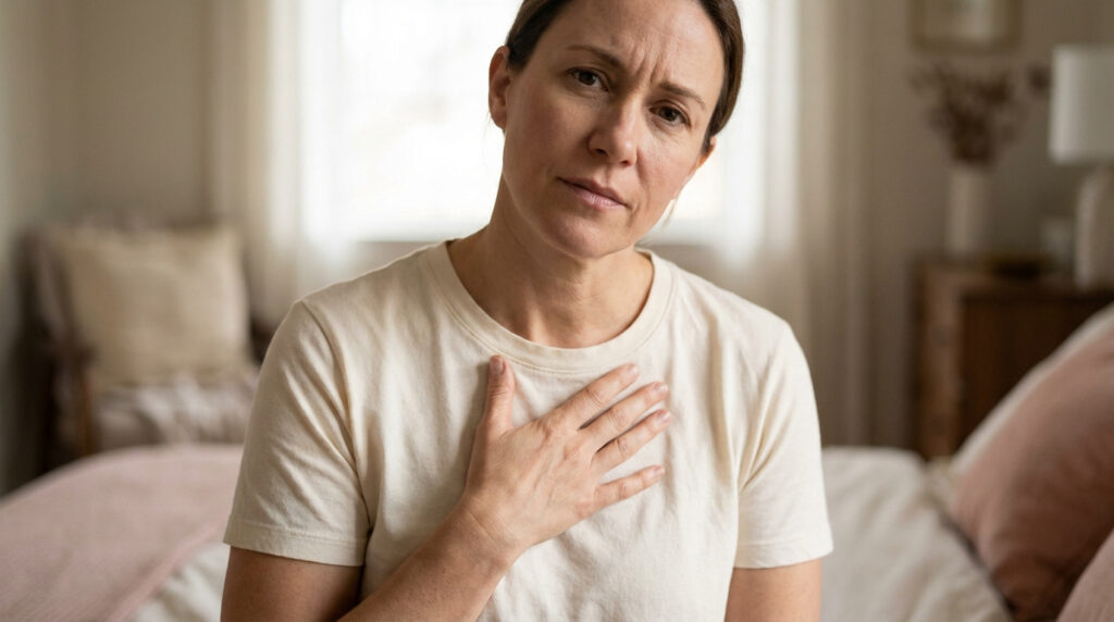 Femme d'âge moyen, expression préoccupée, main sur la poitrine, dans un environnement domestique, suggérant un malaise ou une douleur.