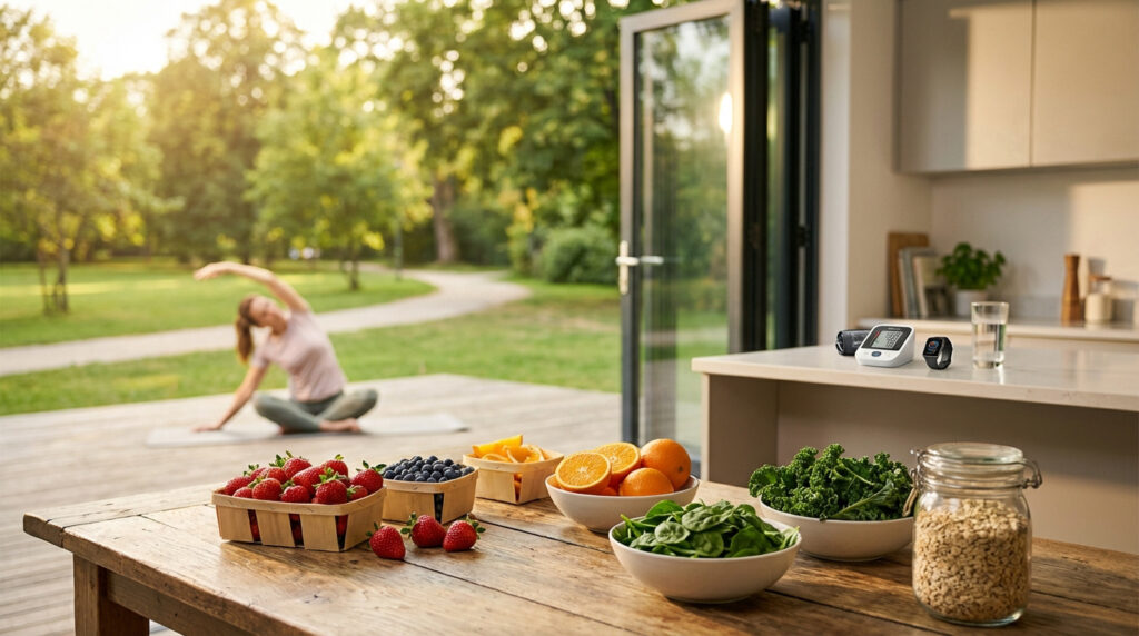 Femme faisant du yoga, table de fruits et légumes frais. Tensiomètre et montre connectée sur comptoir de cuisine.