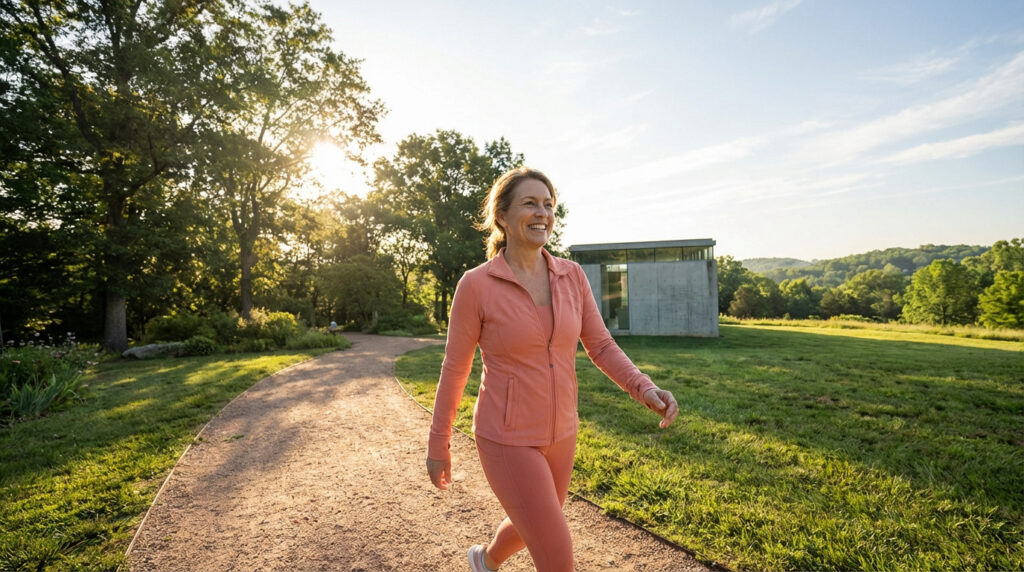 Femme d'âge mûr souriante marchant sur un sentier ensoleillé en tenue de sport, symbolisant le bien-être naturel.