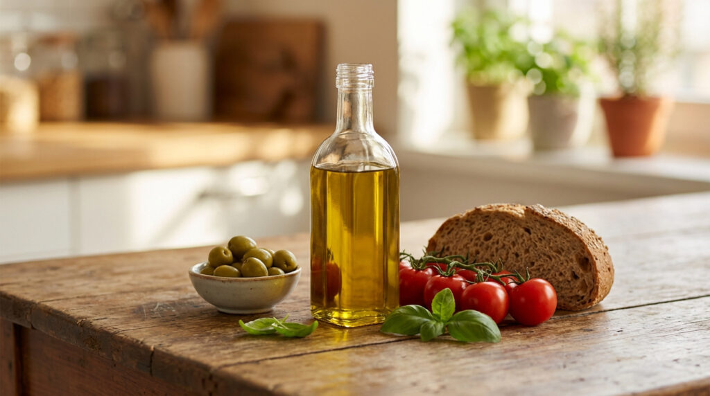 Bouteille d'huile d'olive, olives, tomates, basilic et pain sur table en bois, ambiance cuisine lumineuse.