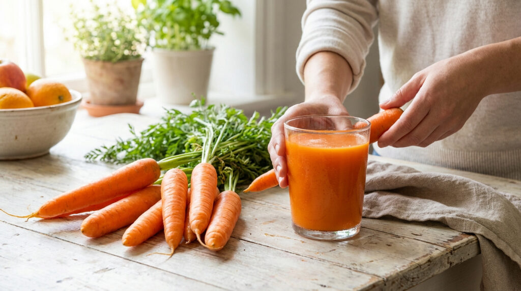 Personne tenant une carotte près d'un verre de jus frais sur une table rustique, entourée de carottes et fruits.