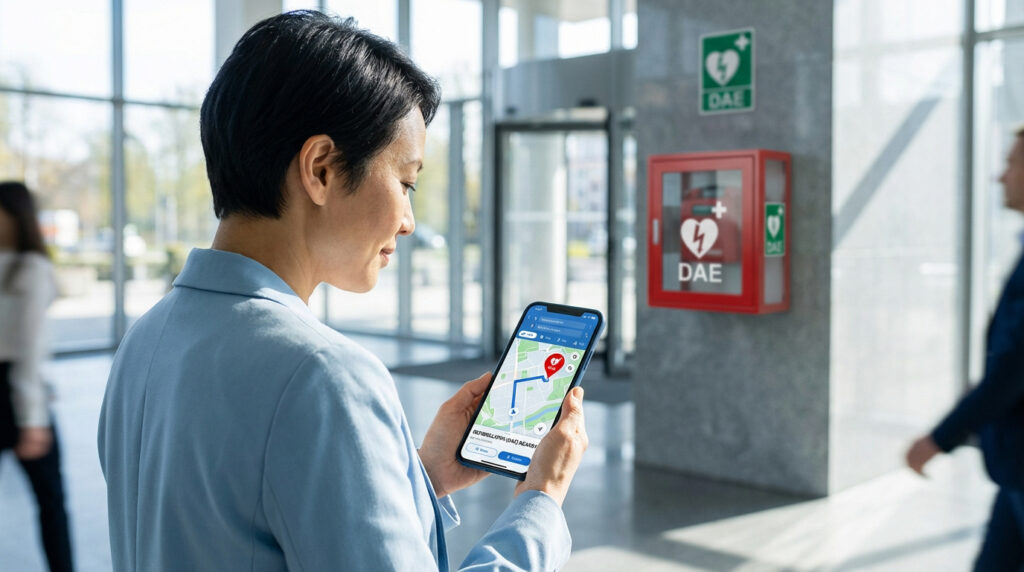 Une femme utilise une application de localisation DAE sur son smartphone, avec un défibrillateur visible en arrière-plan dans un bâtiment lumineux.