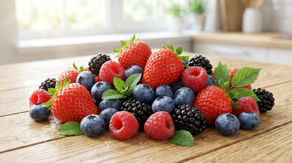 Un tas de fraises, myrtilles, framboises et mûres fraîches, mouillées, avec des feuilles de menthe sur une table en bois.