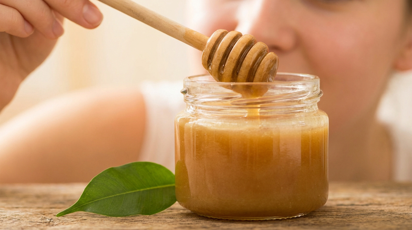 Main tenant une cuillère à miel en bois, le miel s'écoulant dans un pot. Une feuille verte sur une table en bois rustique.