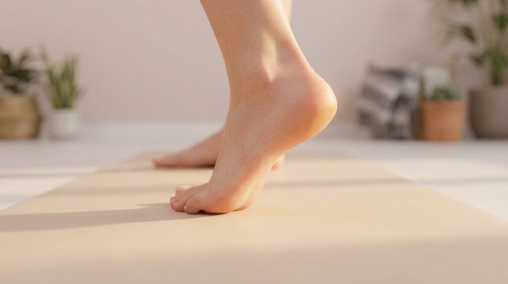 Un pied nu avec le talon légèrement relevé sur un tapis beige, illustrant un exercice pour le pied et la cheville.