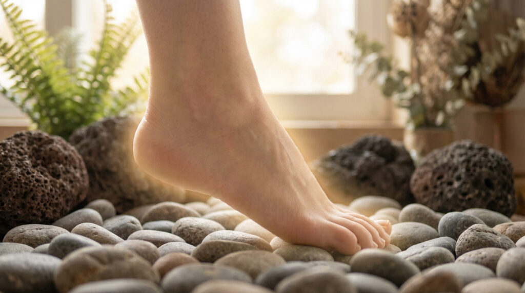Pied nu sur un lit de galets gris et bruns. Arrière-plan flou avec des plantes vertes et de la lumière naturelle d'une fenêtre.
