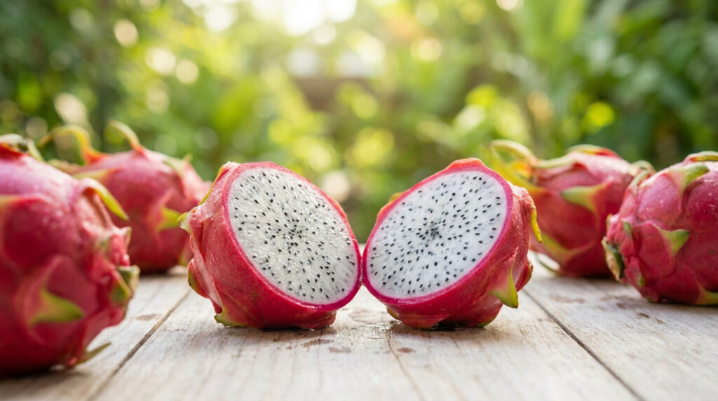 Fruit du dragon rose coupé en deux sur une table en bois clair. Des fruits entiers entourent, avec un arrière-plan vert ensoleillé.