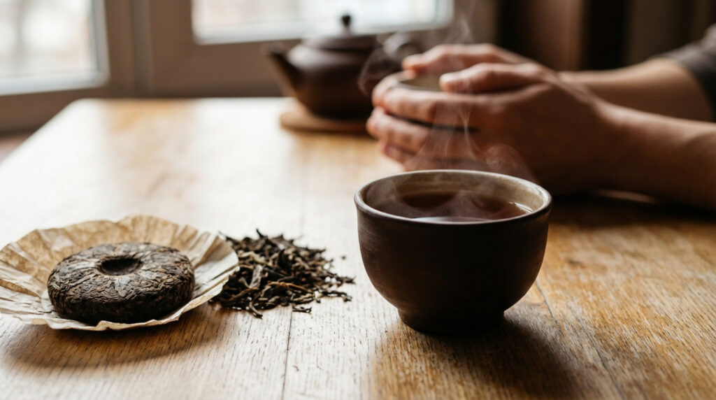 Galette de thé Pu-erh et feuilles en vrac sur une table en bois. Tasse de thé fumante au premier plan. Mains tenant une autre tasse, théière en arrière-plan.