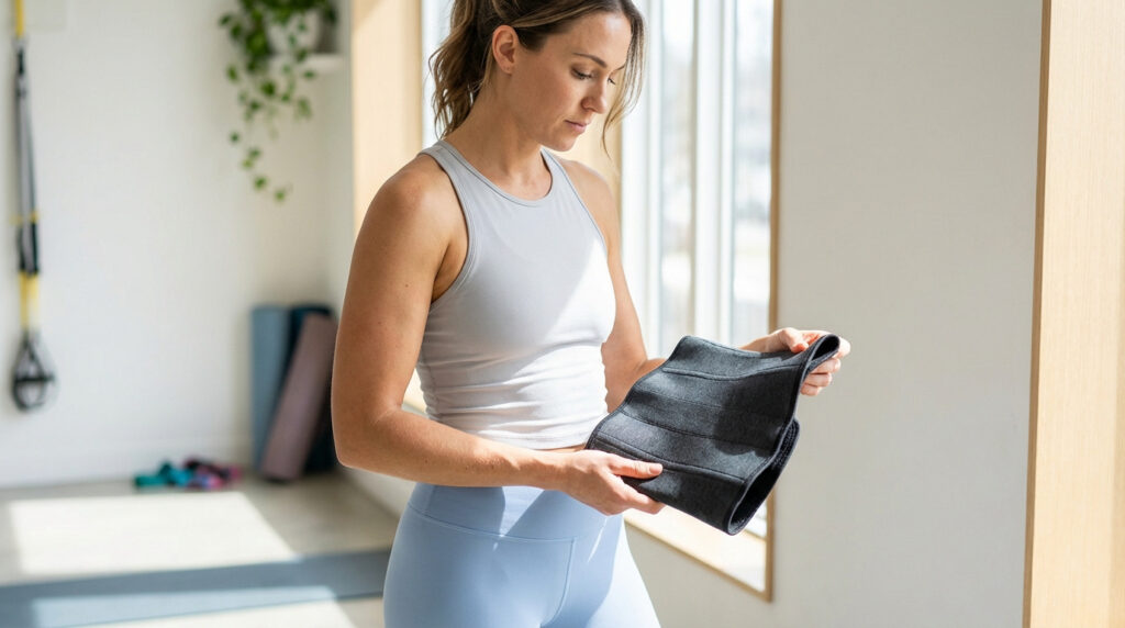 Jeune femme en tenue de sport tenant une gaine de ventre gris foncé, regardant l'objet avec attention, dans un espace lumineux.