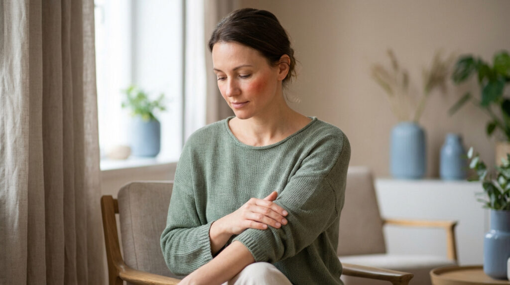 Femme assise, le regard baissé, la main sur son bras, avec des rougeurs apparentes sur le visage. Elle semble souffrir d'urticaire.