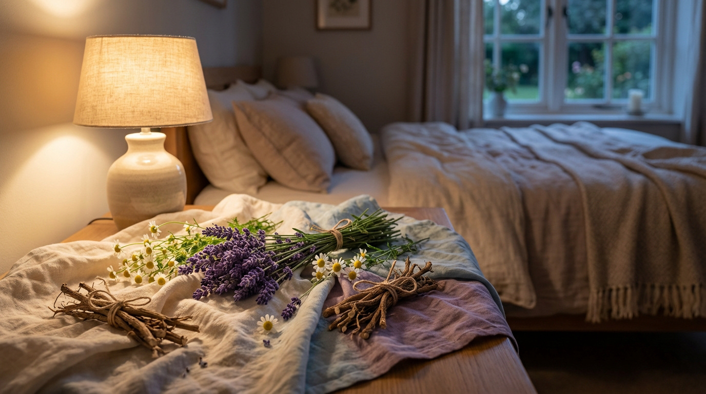 Table de chevet avec bouquets de lavande et camomille, racines séchées. Un lit confortable et une fenêtre de chambre apaisante.