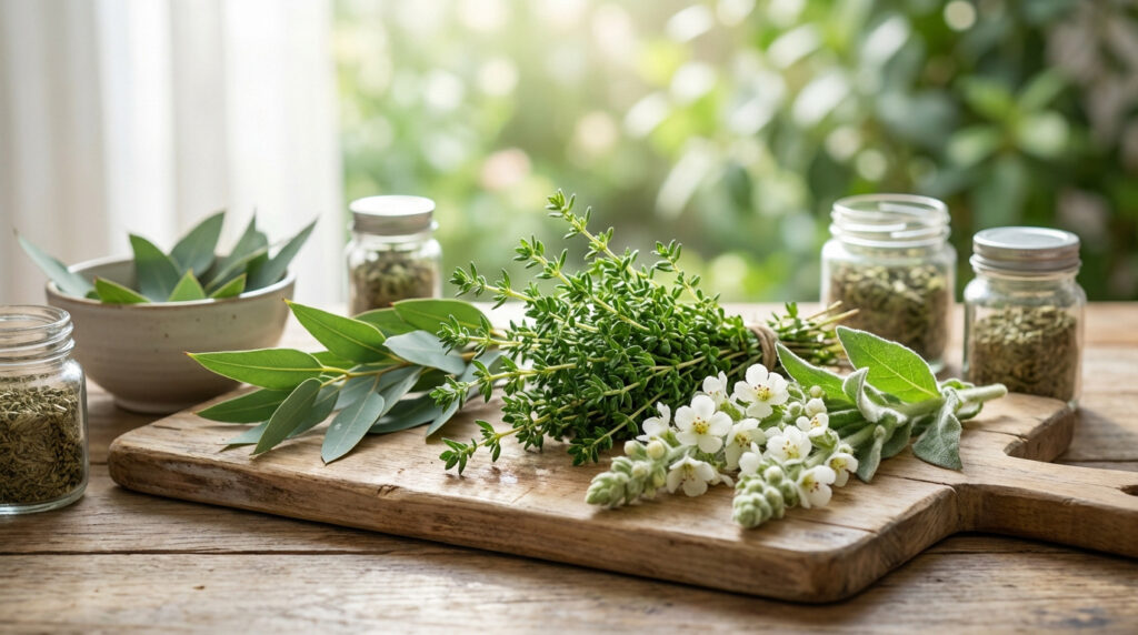 Assortiment d'herbes fraîches (thym, eucalyptus, sauge) et séchées sur une planche en bois près d'une fenêtre ensoleillée.