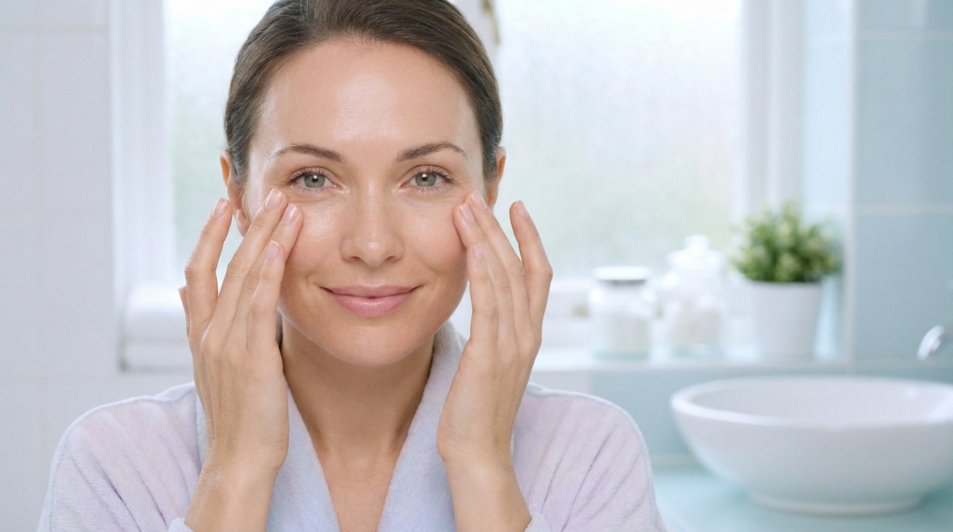 Femme souriante massant délicatement le contour de ses yeux pour un regard frais et reposé dans une salle de bain lumineuse.