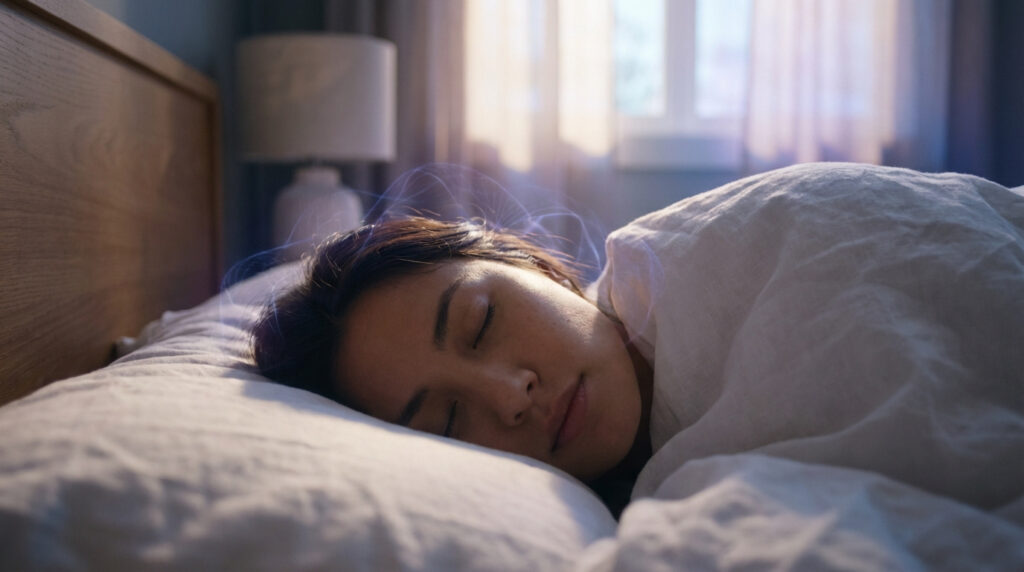 Femme endormie, ondes lumineuses bleues au-dessus de sa tête symbolisant l'activité du sommeil profond dans un cadre paisible.