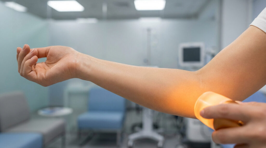Un bras reçoit une photothérapie localisée pour le psoriasis, avec un appareil émettant une lumière orange intense sur l'avant-bras.