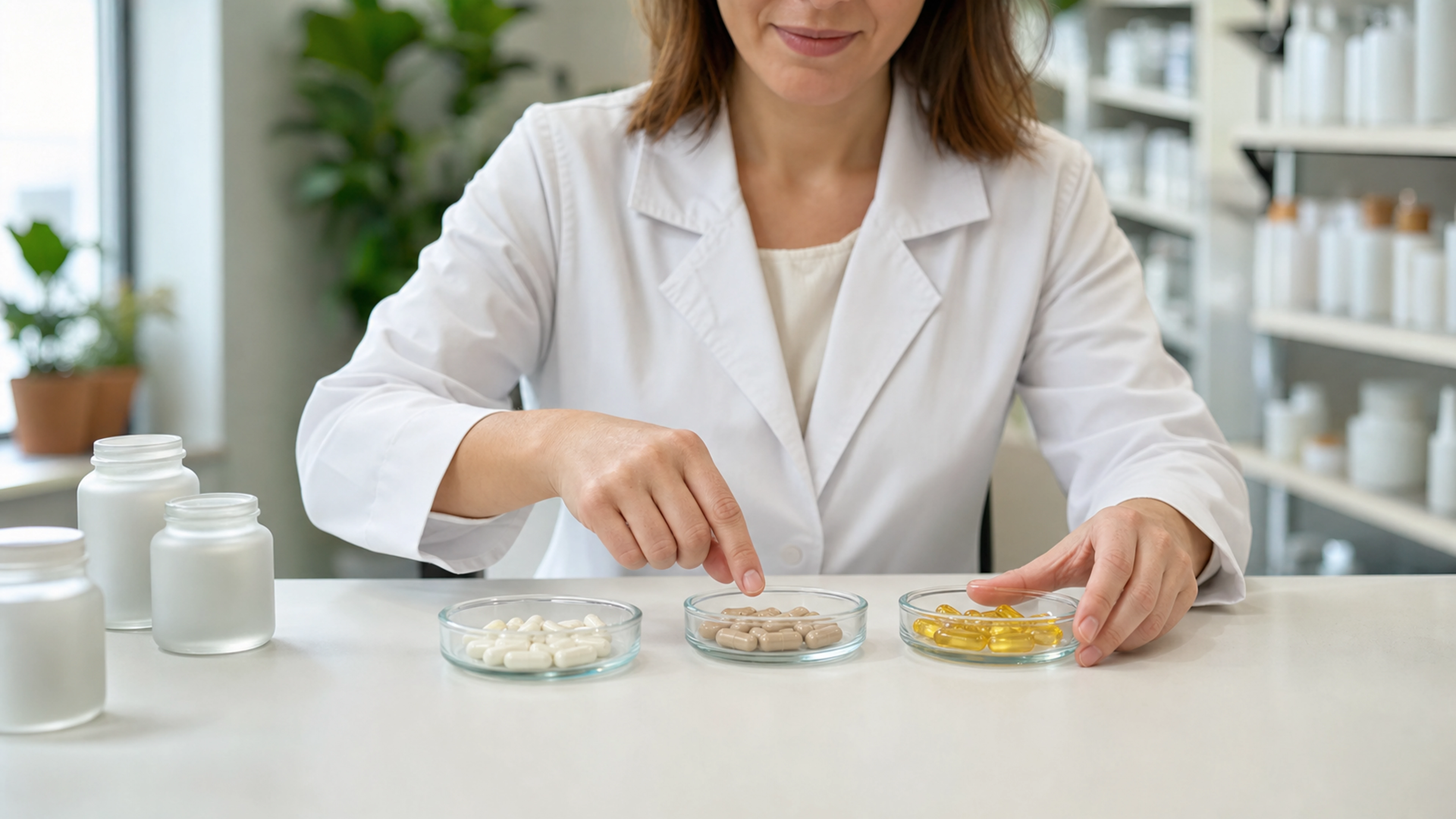 Pharmacienne comparant plusieurs gélules probiotiques dans des coupelles en verre