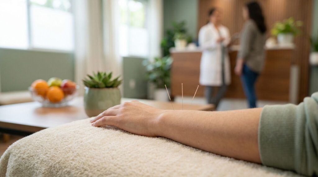 Bras avec aiguilles d'acupuncture dans une clinique moderne. Thérapeute et patient en arrière-plan flou. Suggère un soin.