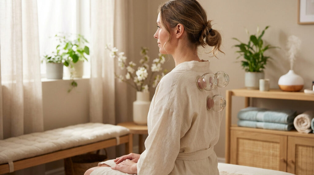 Femme assise de dos, peignoir clair, trois ventouses sur l'épaule, dans une pièce lumineuse et apaisante avec plantes.