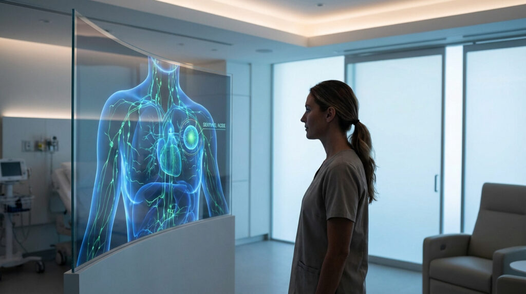 Femme observant un affichage holographique 3D des systèmes lymphatique et thoracique avec le nœud sentinelle mis en évidence.