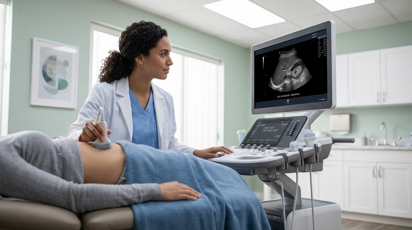 Médecin effectuant une échographie abdominale sur une patiente allongée. L'écran de l'appareil affiche des images d'organes internes.