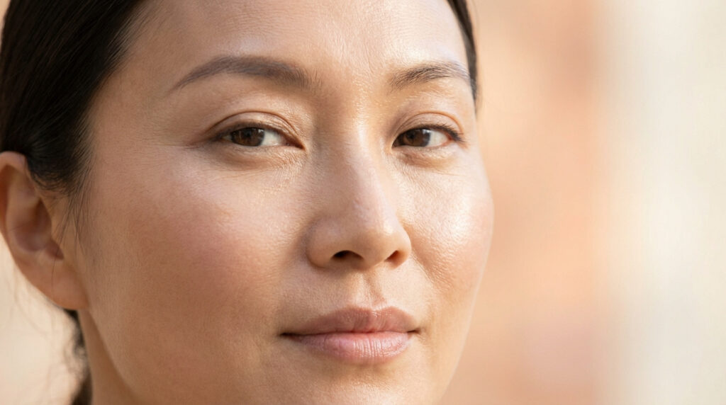 Gros plan sur le visage d'une femme asiatique aux yeux bruns, regardant l'objectif. Sa peau est naturelle et lumineuse.