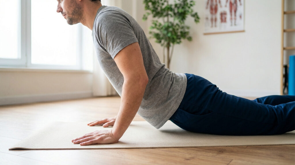 Homme sur un tapis de yoga, effectuant un exercice d'extension du dos (presse-up) de la méthode McKenzie.