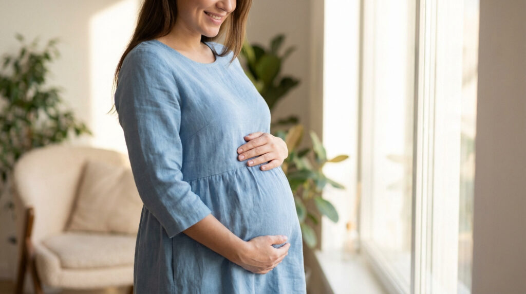 Femme enceinte souriante en robe bleue, caressant son ventre, près d'une fenêtre lumineuse dans un intérieur clair.