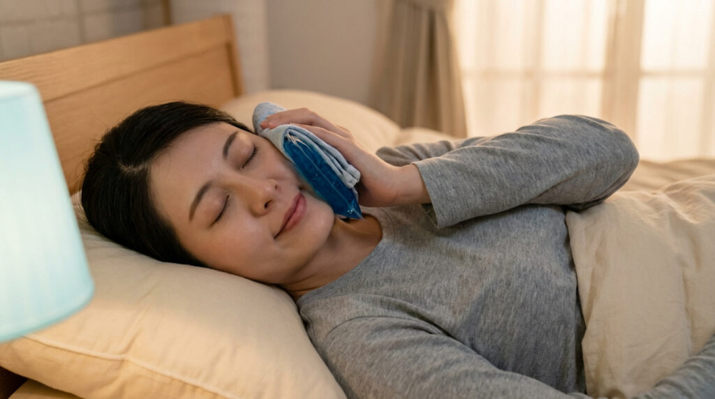 Jeune femme allongée dans son lit, appliquant une poche de glace enveloppée sur sa joue pour soulager un œdème.