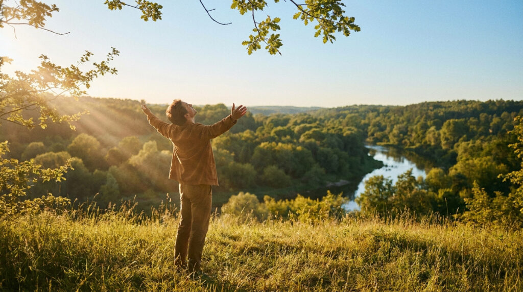 Homme levant les bras vers le soleil dans un paysage verdoyant avec une rivière, symbolisant la vitamine D naturelle.