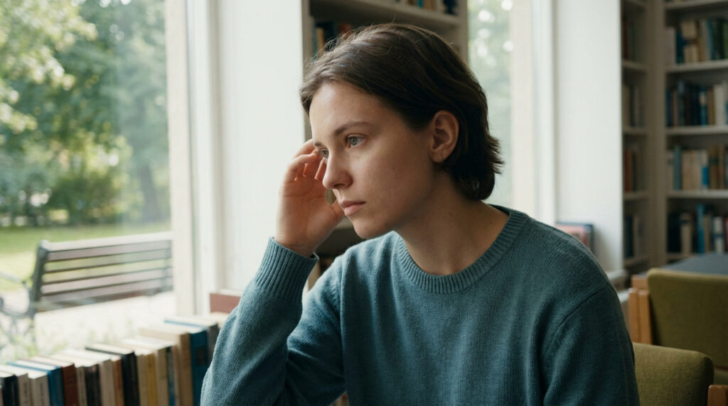 Une jeune personne pensive, main sur la tempe, assise devant une fenêtre avec un jardin et des étagères de livres.