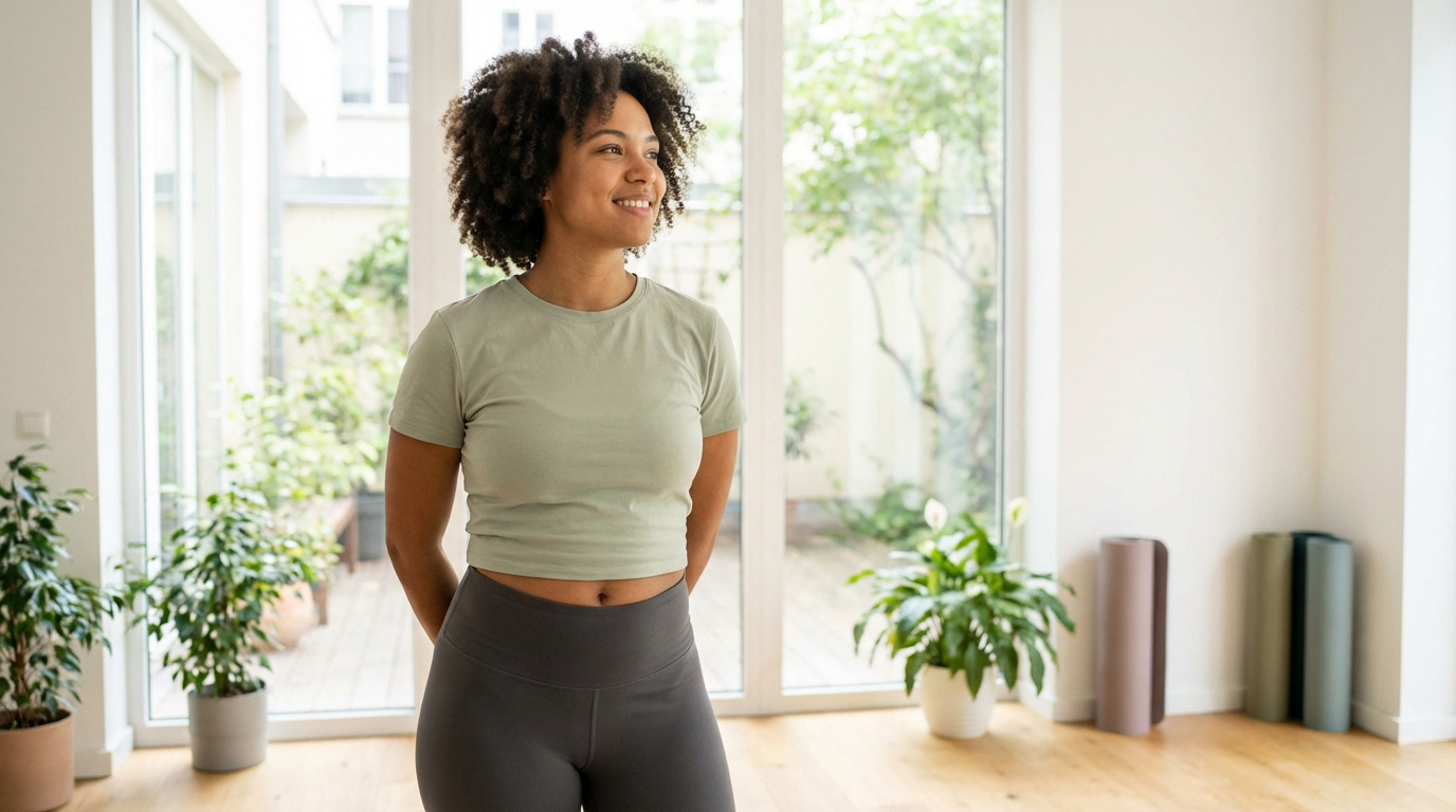Jeune femme souriante aux cheveux bouclés, vêtue d'un crop top vert et d'un legging gris, montrant son nombril convexe.